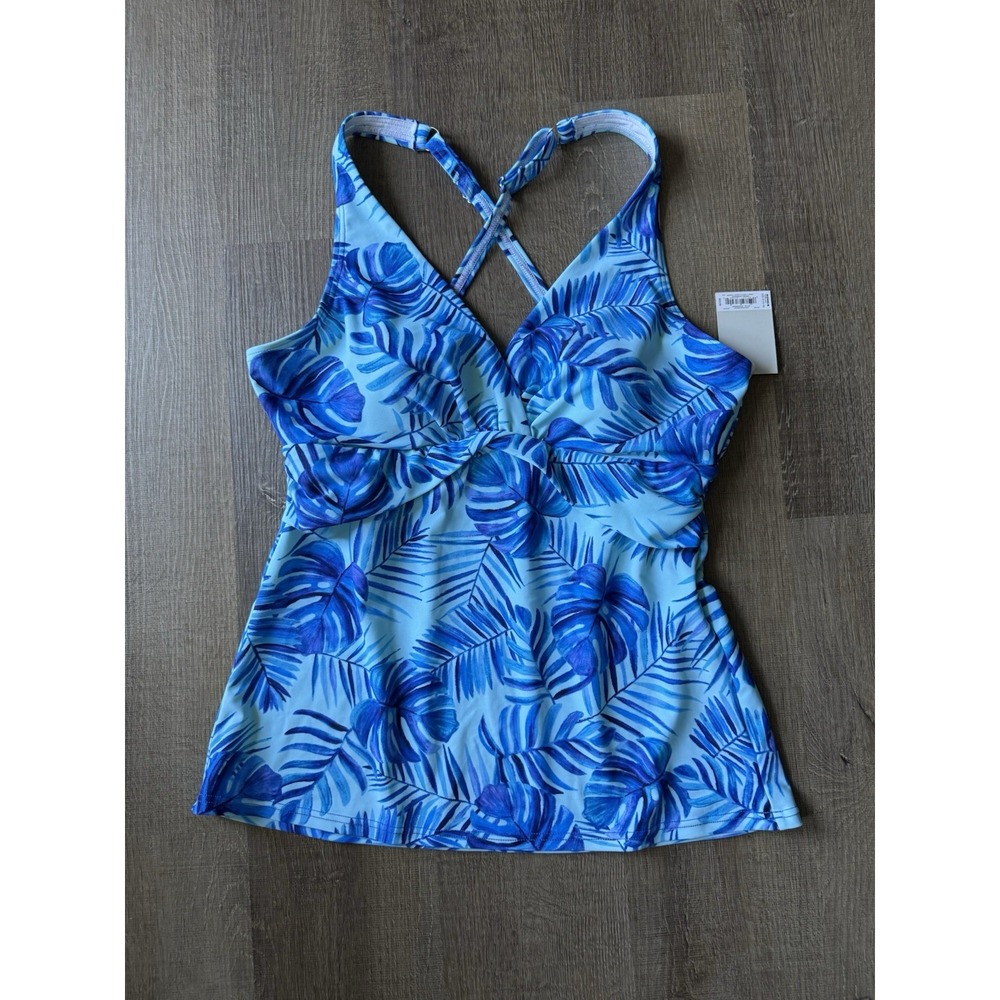 Croft & Barrow‎ Tankini Top Women's Blue Tropical V Neck Crossover Lined Sz M